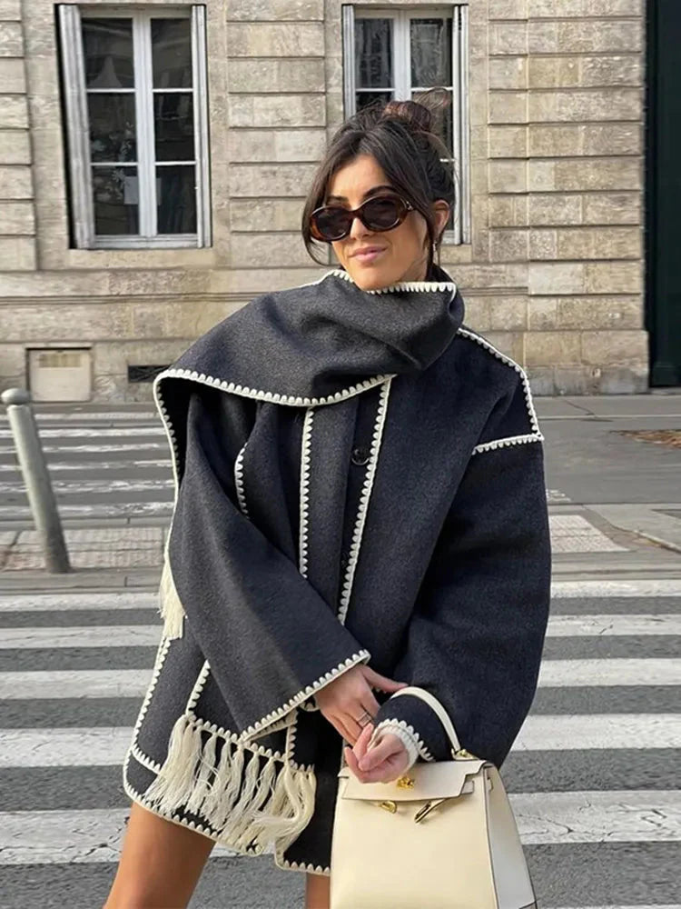 Embroidered Button-Down Coat in Grey