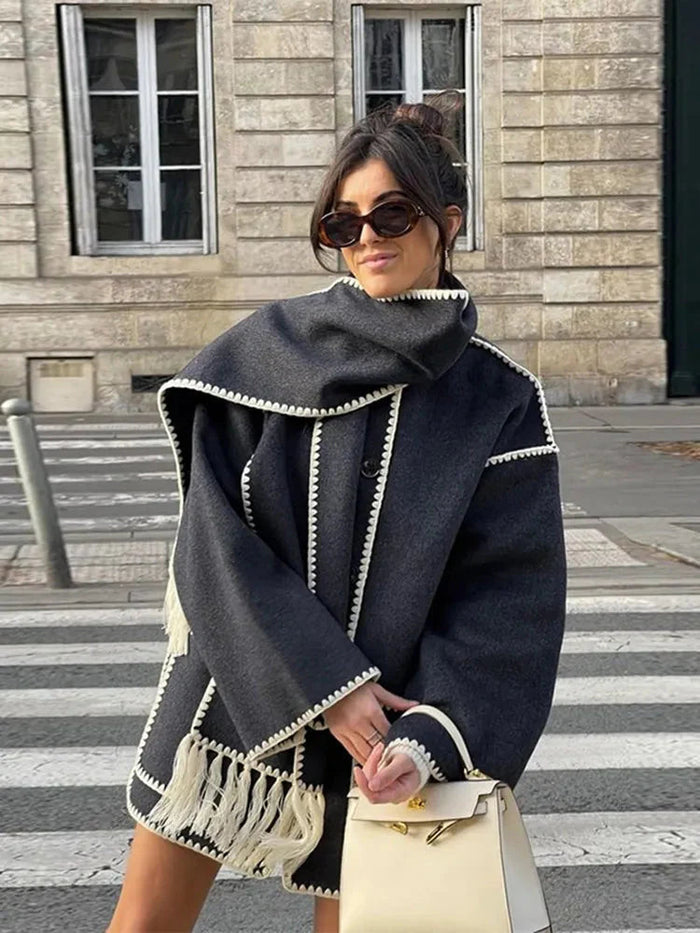 Embroidered Button-Down Coat in Grey