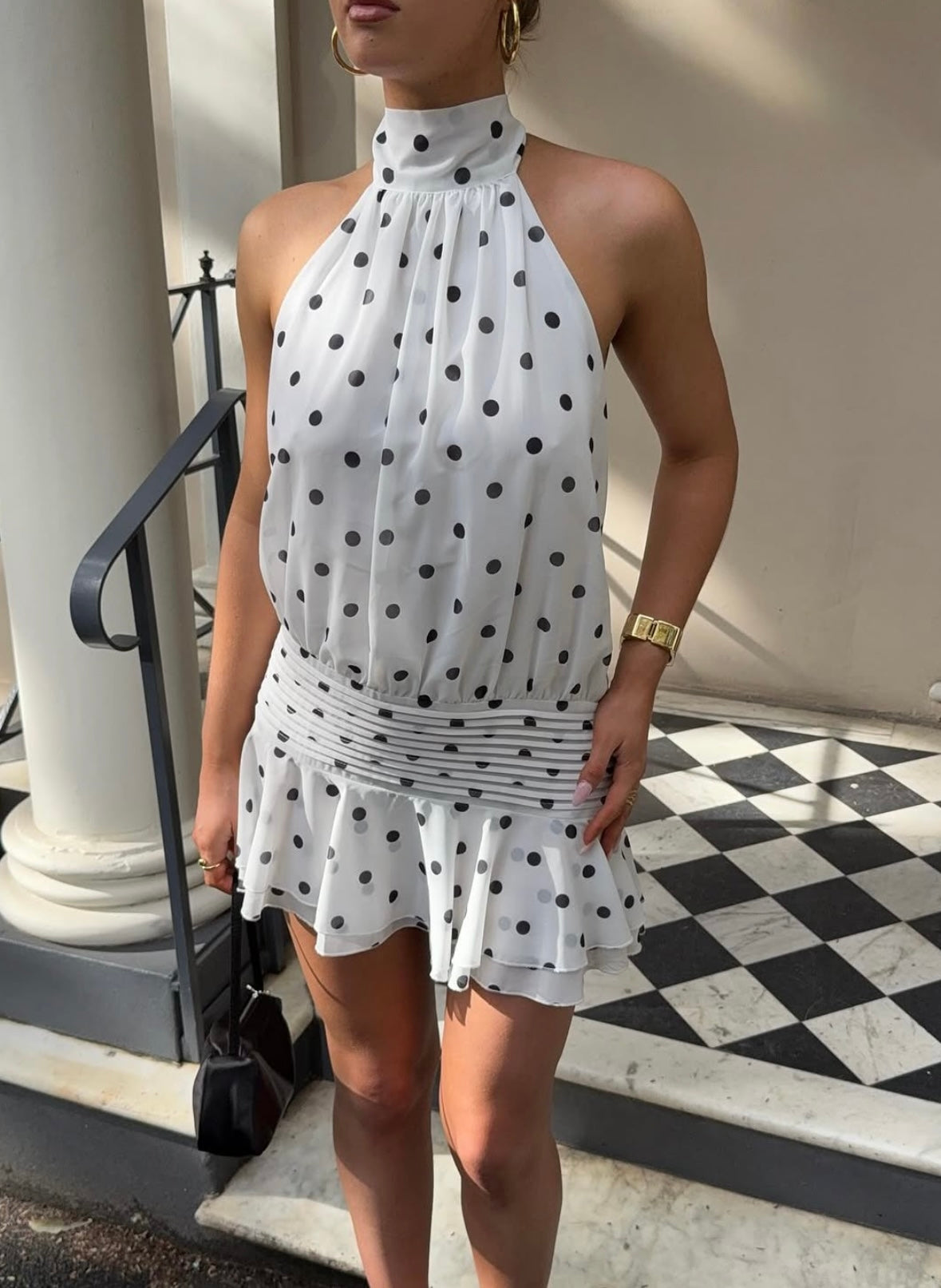 Polka Dot Halterneck Mini Dress with Ruffle Hem