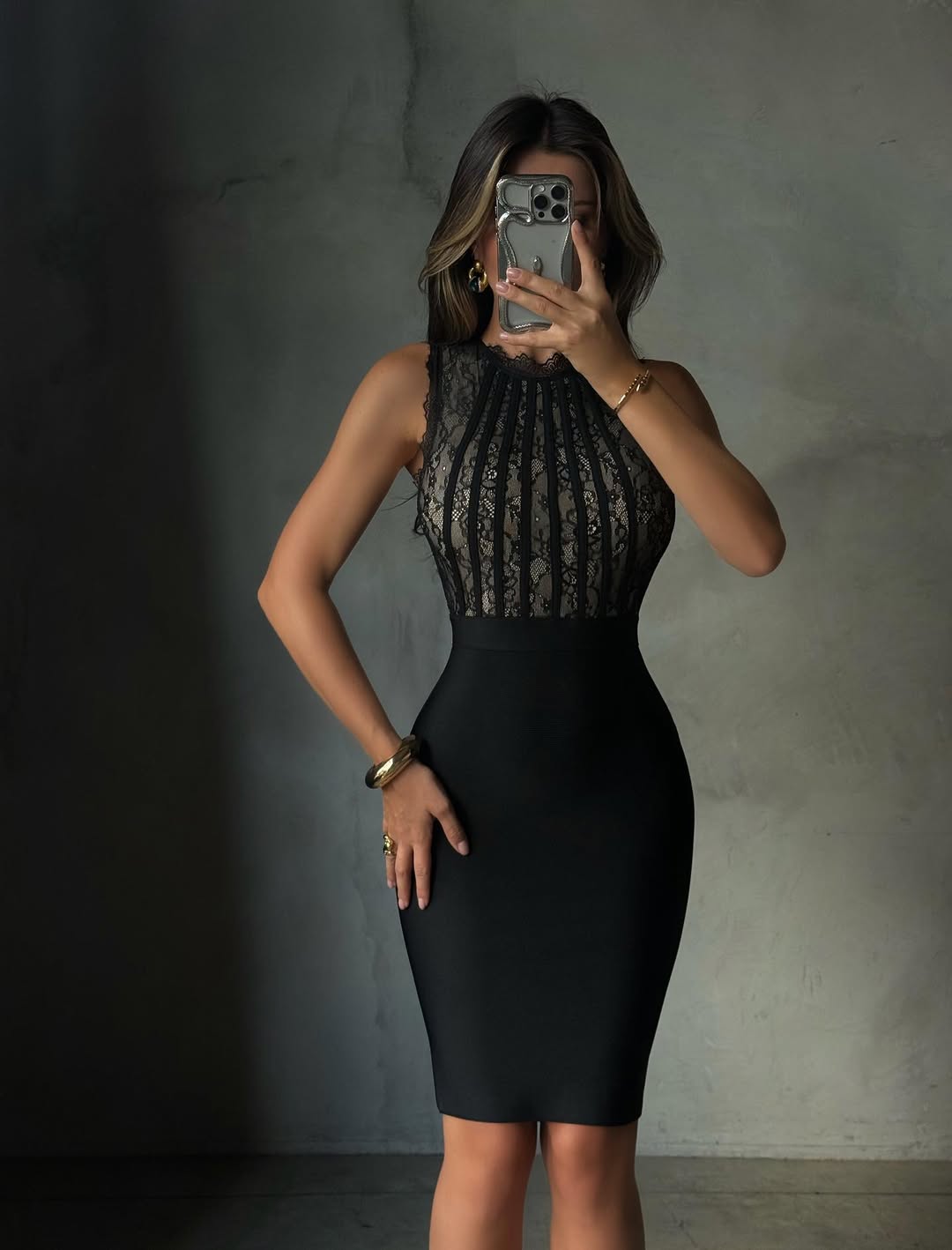 High-Neck Lace Bodycon Midi Dress