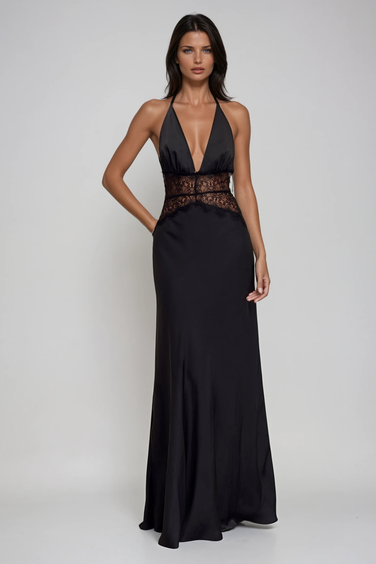 Lace Plunge Maxi Dress with Open Back