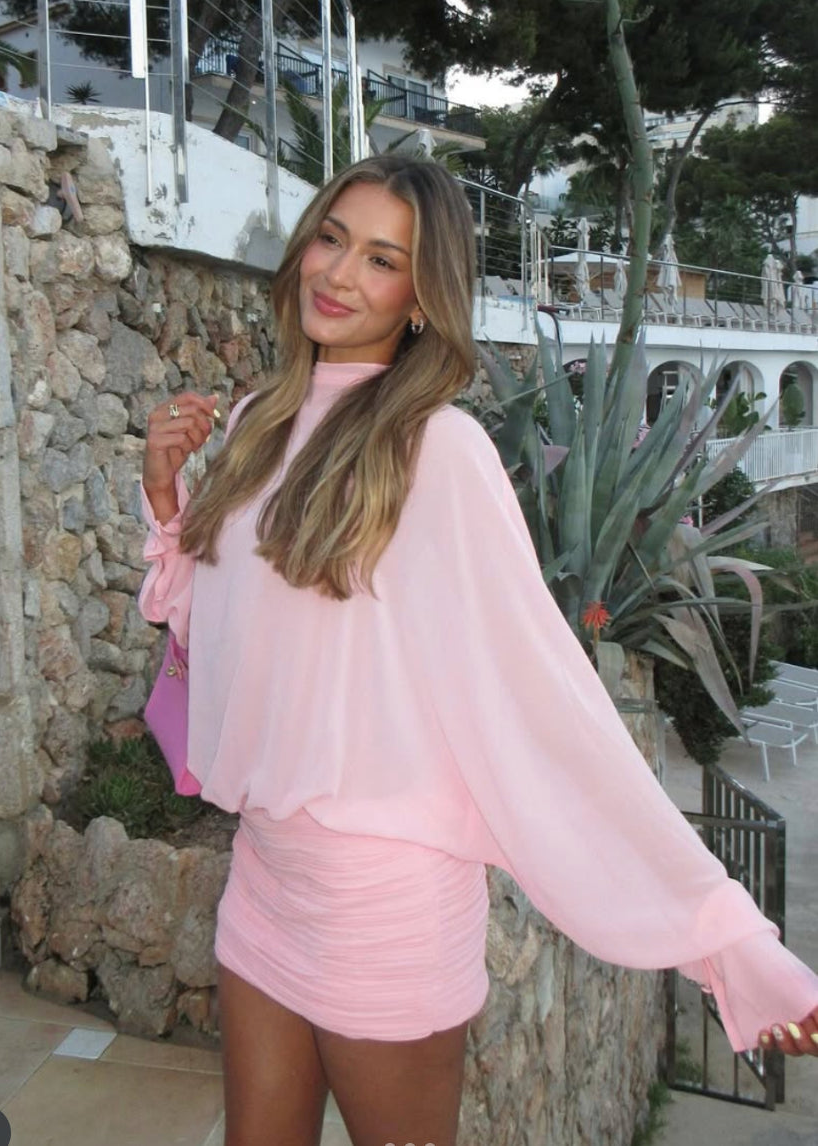Long-Sleeve Chiffon Mini Dress in Pink