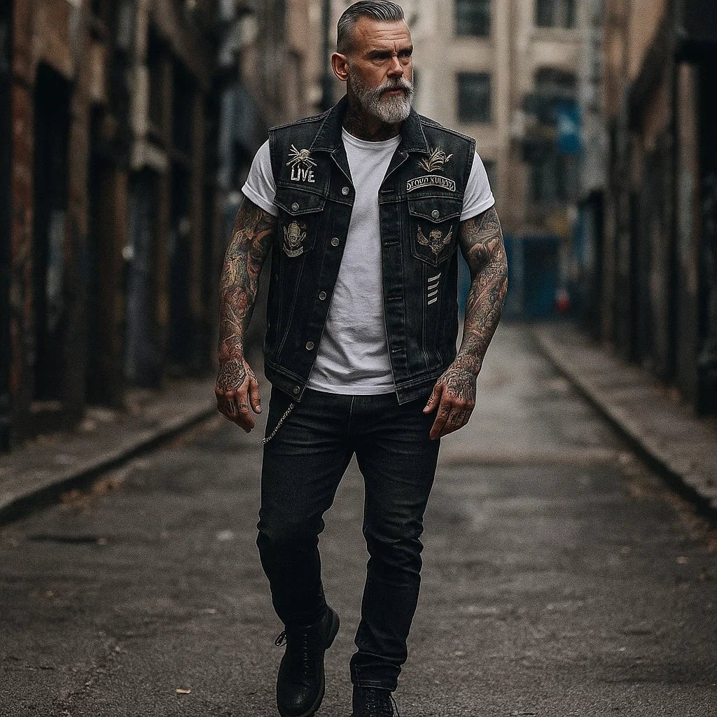 Men's Motorcycle Vest | With Denim, Sleeveless | Black