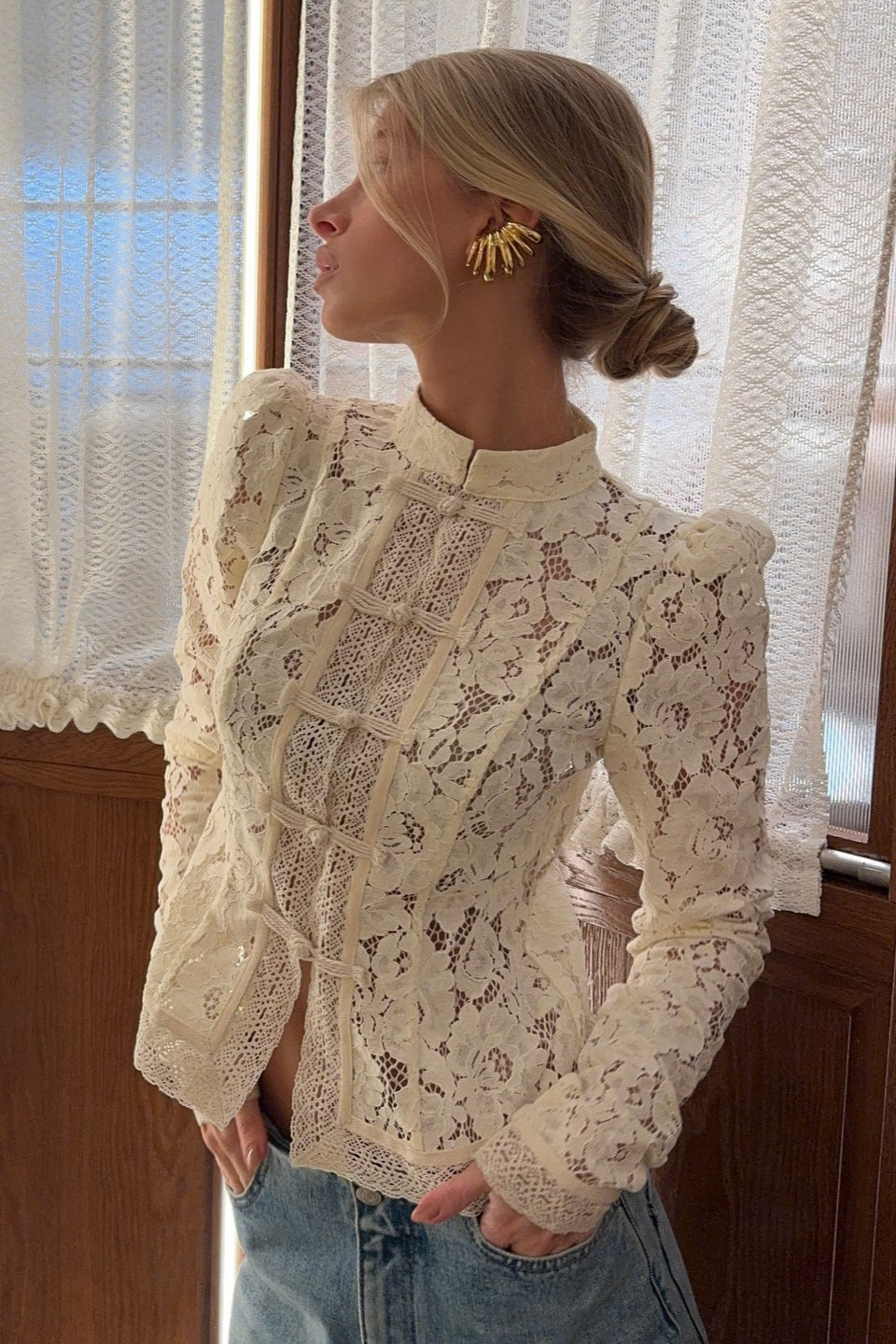 Floral Lace Mandarin Collar Cardigan