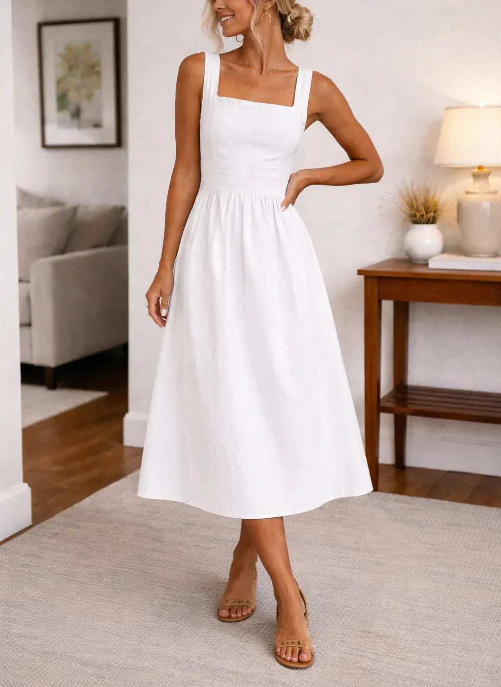 A-line midi dress | With square-neck top | At summer school