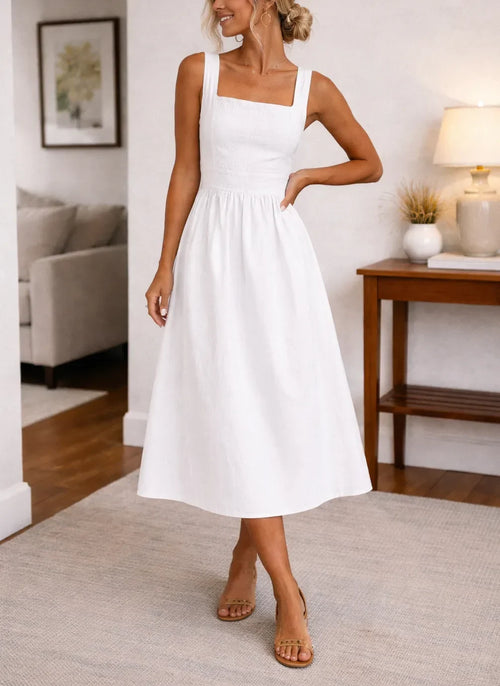 A-line midi dress | With square-neck top | At summer school