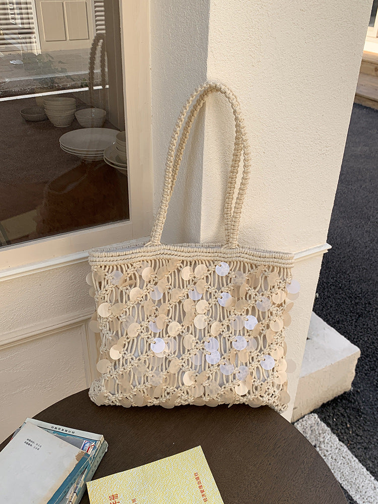 Woven Macrame Tote with Sequin Detail