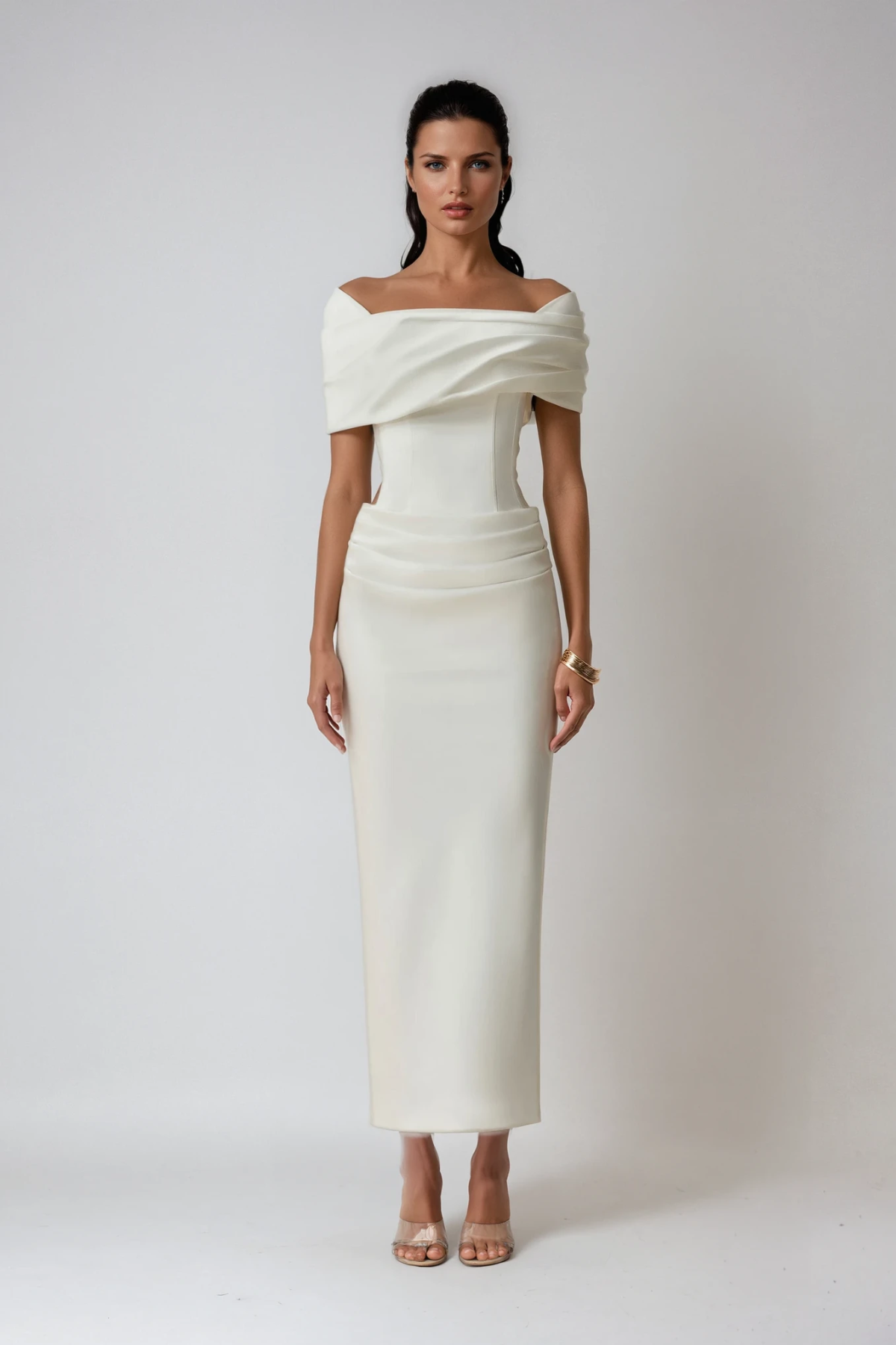 Off-Shoulder Ruched Maxi Dress in White