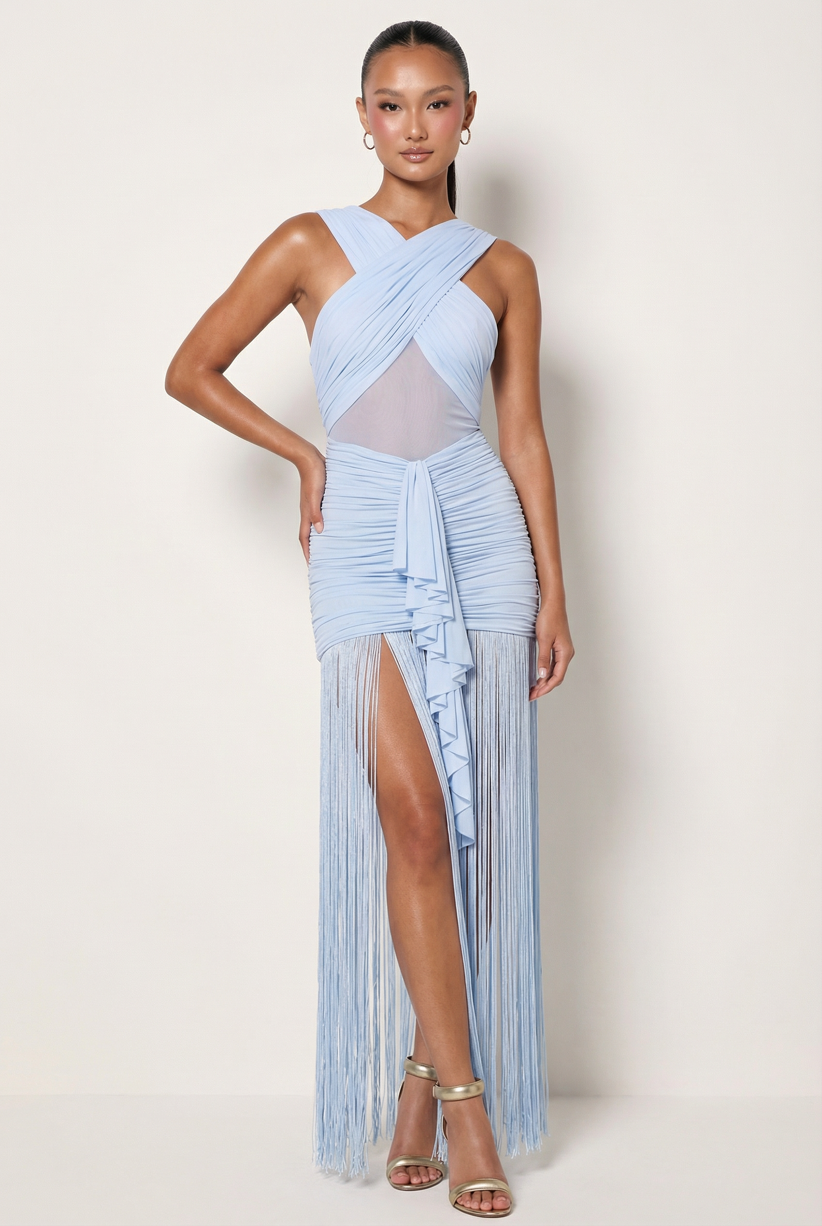 Crisscross Halter Fringe Maxi Dress