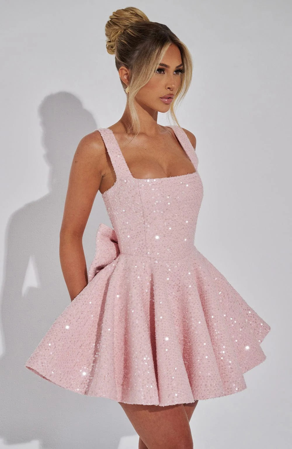 Sequin Tweed Mini Dress with Detachable Bow