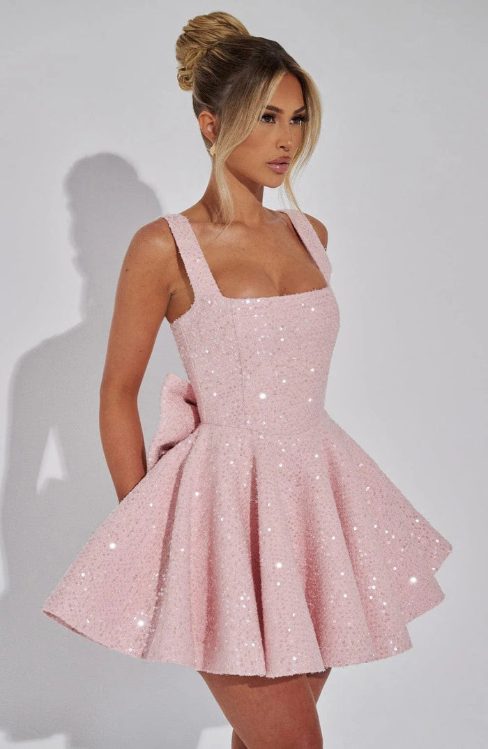 Sequin Tweed Mini Dress with Detachable Bow