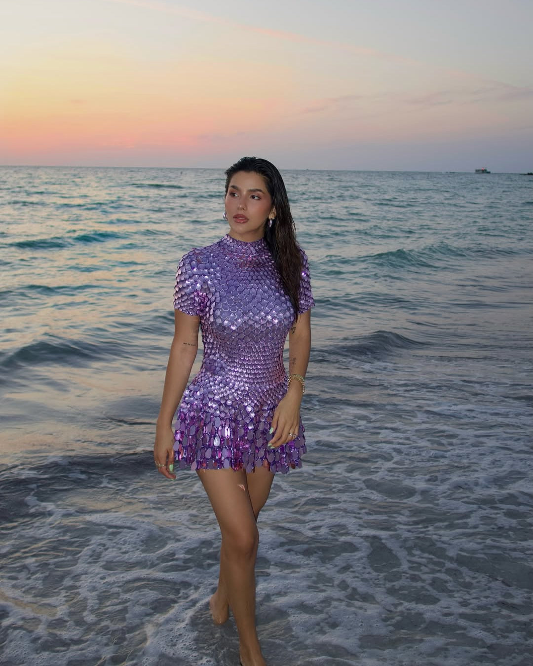 Faceted Mirror Disc High Neck Mini Dress