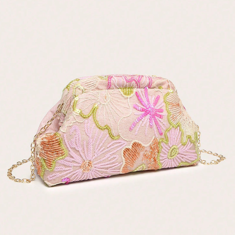 Floral Embroidered Sequin Shoulder Bag