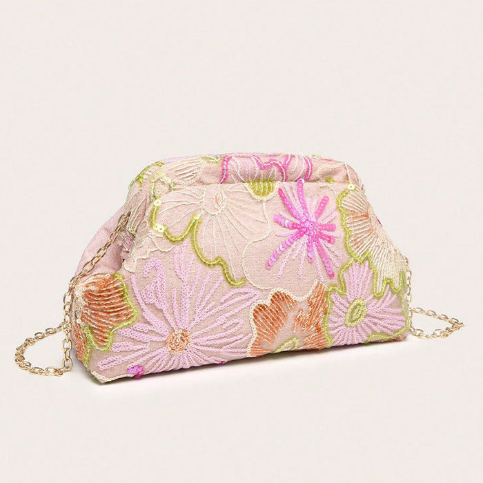 Floral Embroidered Sequin Shoulder Bag