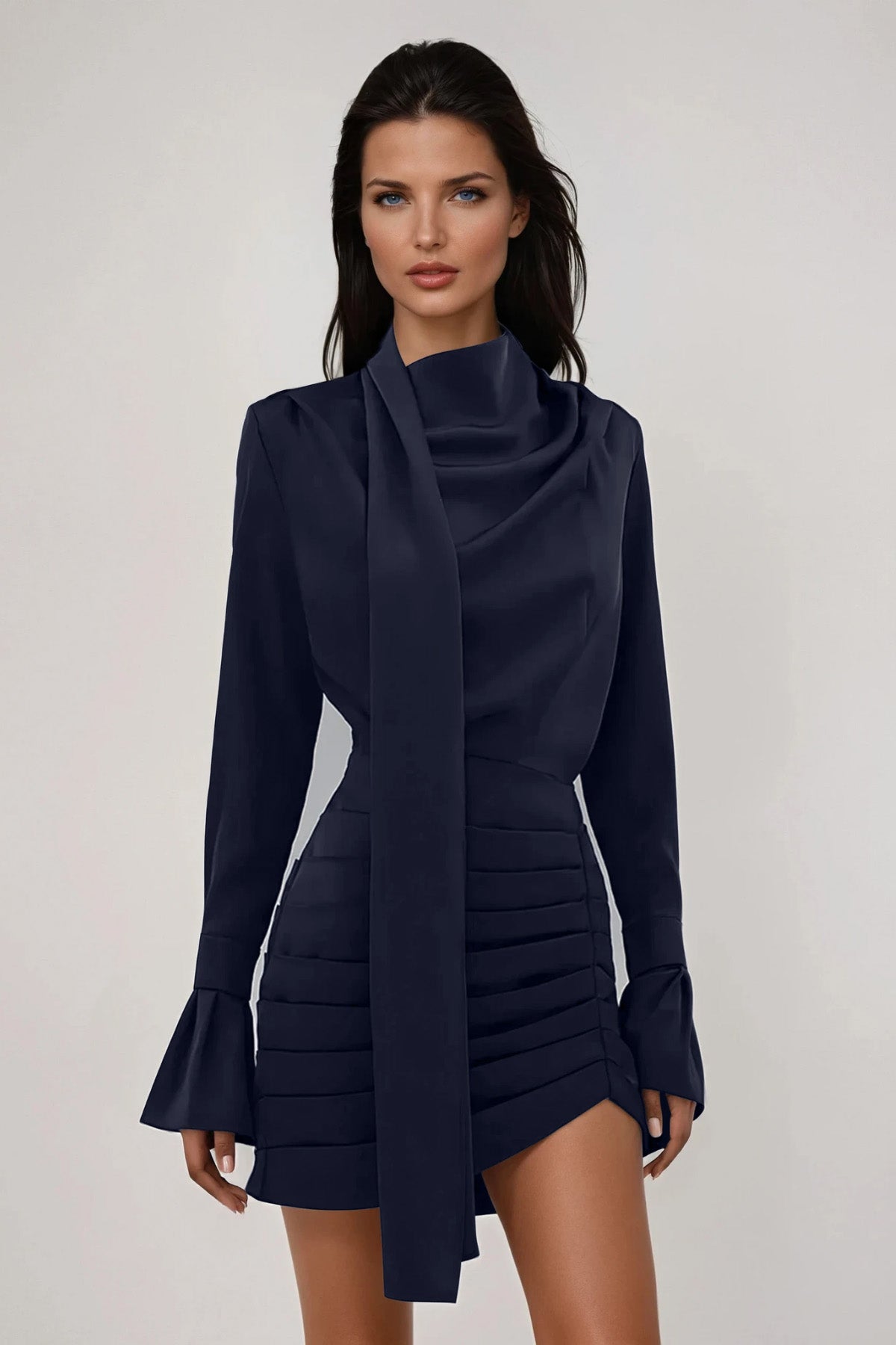 Ruched Satin Mini Dress with Scarf Detail