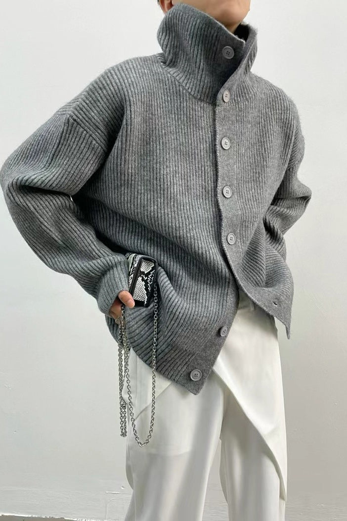 Ribbed High Neck Button-Front Cardigan