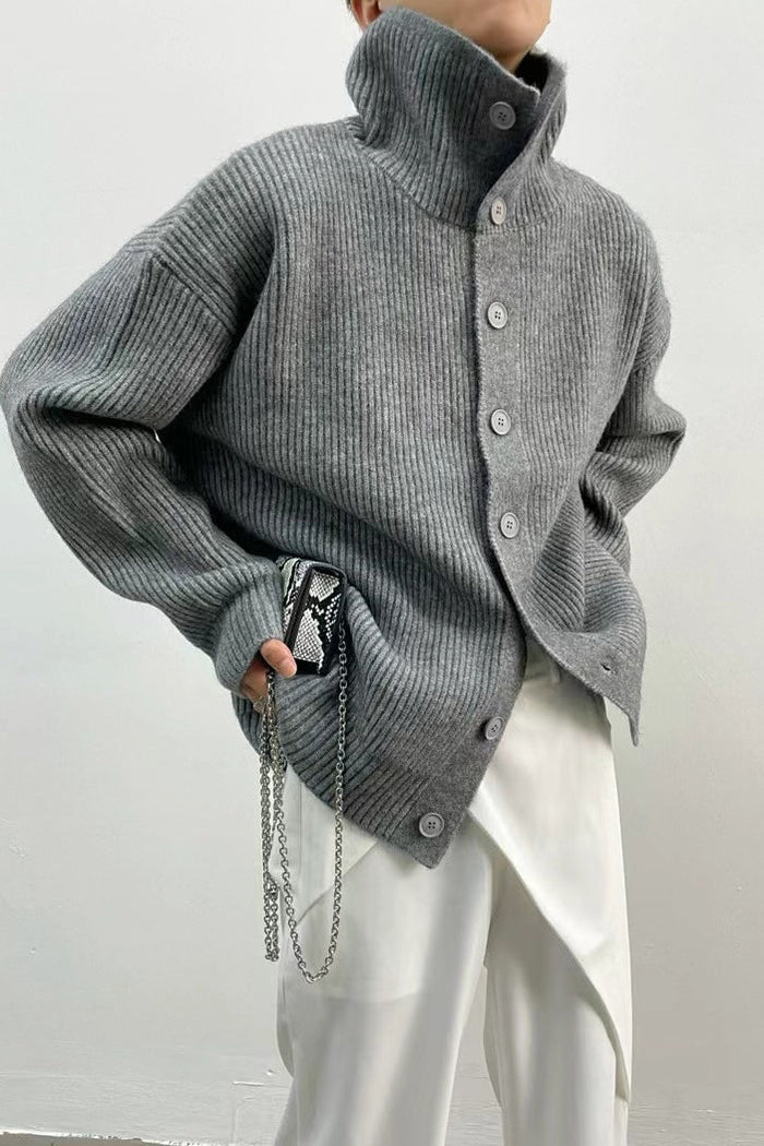 Ribbed High Neck Button-Front Cardigan