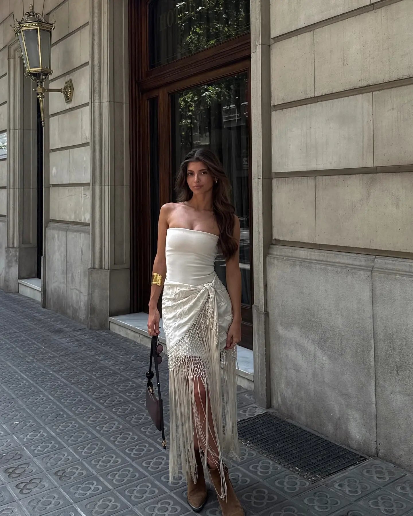 Embroidered Wrap Maxi Skirt with Macramé Fringe